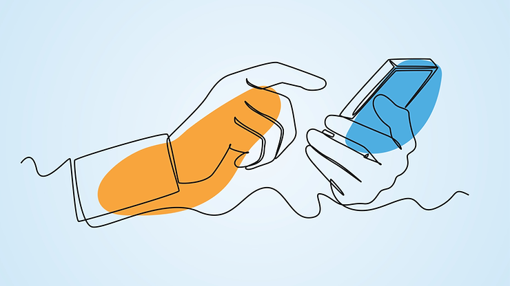 Minimalist line drawing of two hands interacting with a smartphone, representing traceable data processing activities.