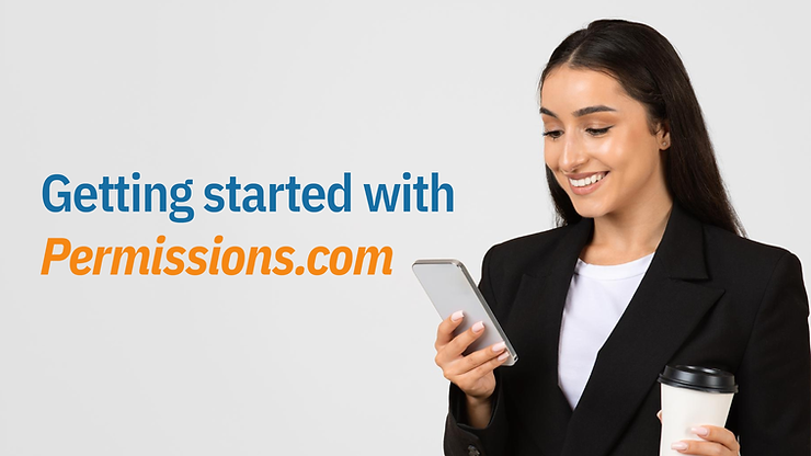 Businesswoman smiling at her smartphone while holding a coffee cup, with the phrase “Getting started with Permissions.com,” signaling a strong brand profile and tangible proof of consent tracking.