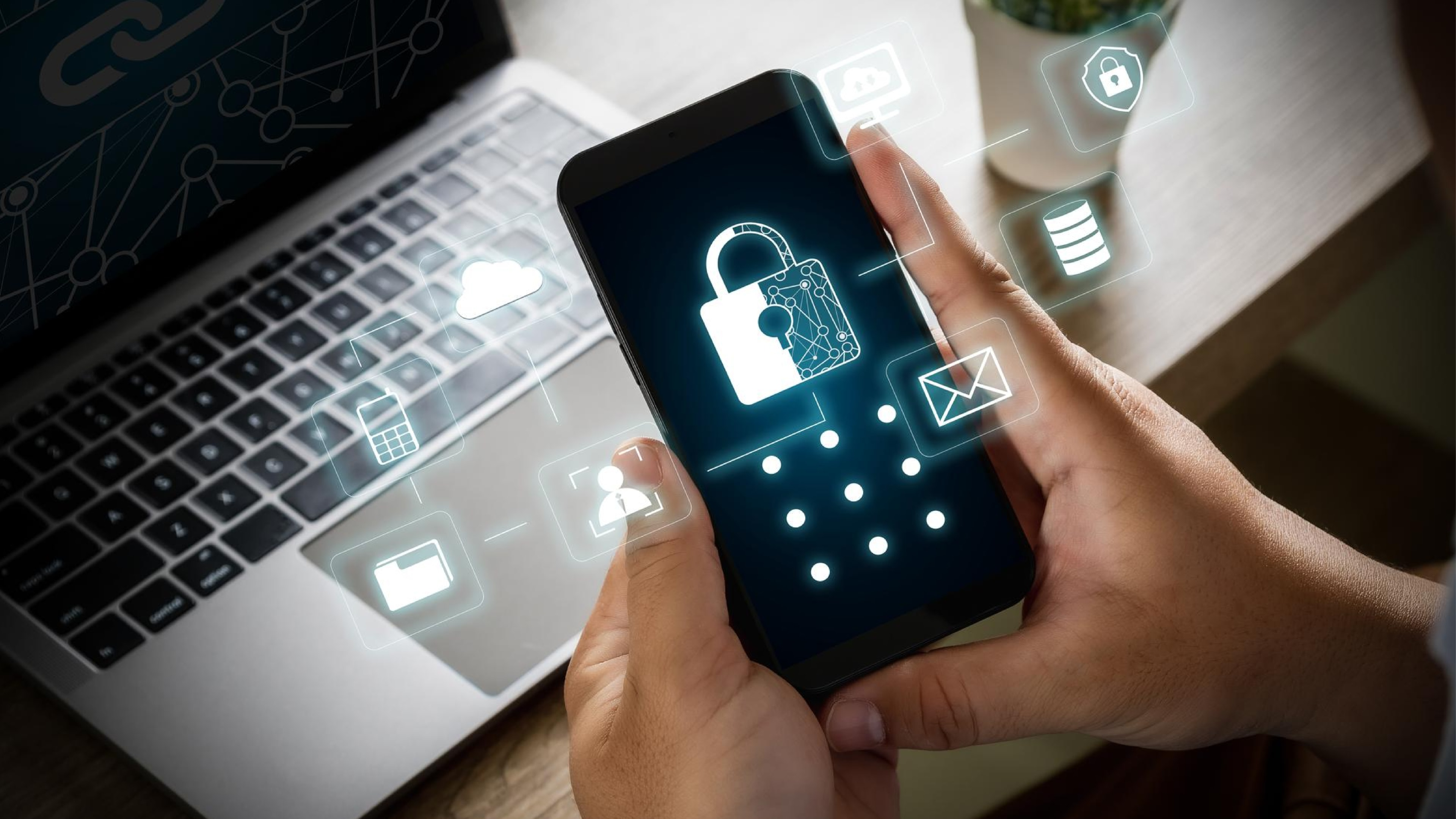 Smartphone with a glowing lock icon surrounded by secure data symbols, indicating features to schedule messages and prevent text spam.