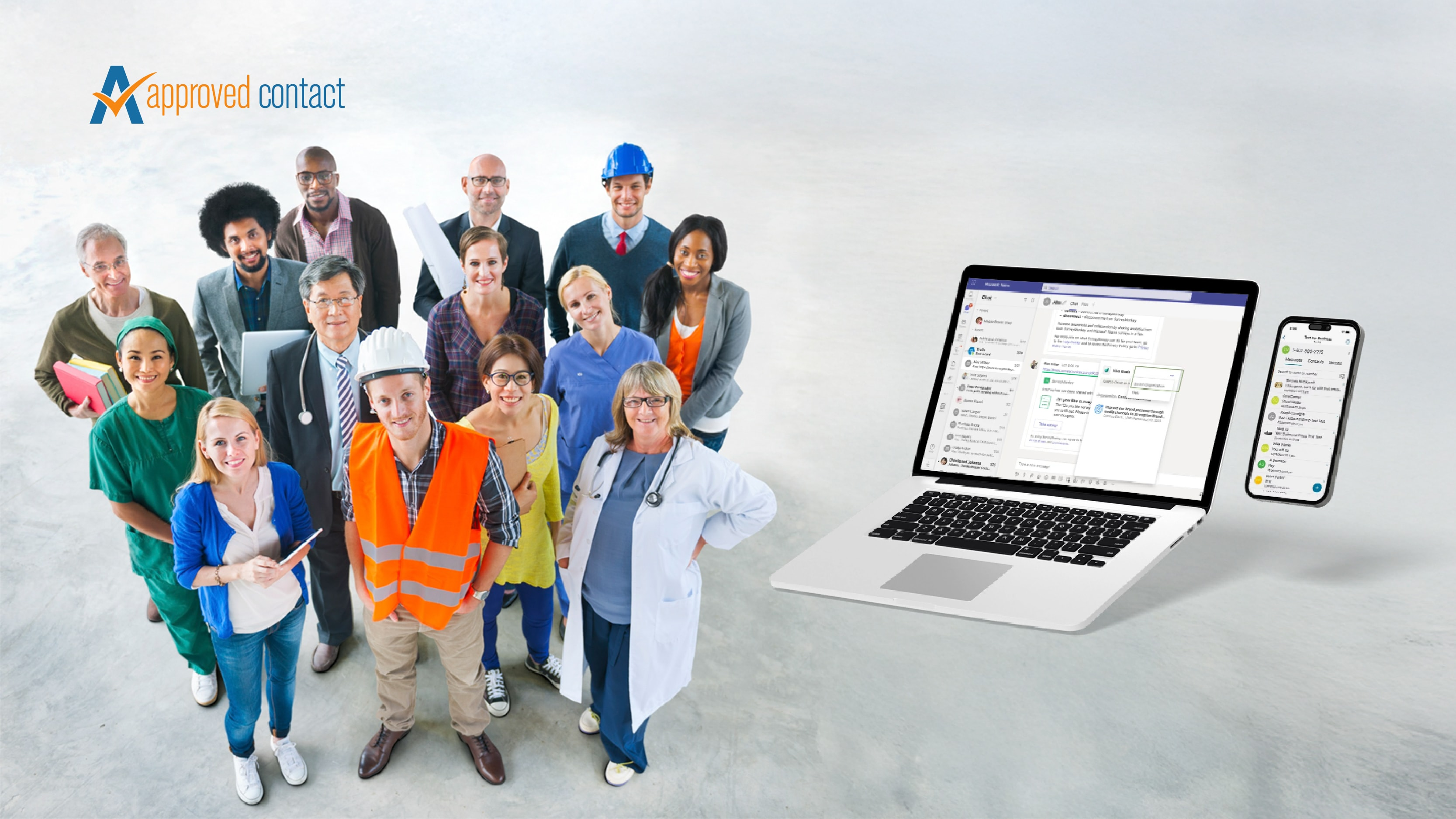 Diverse group of different business workers standing in a group next to SMS messages/Microsoft Teams SMS enabled